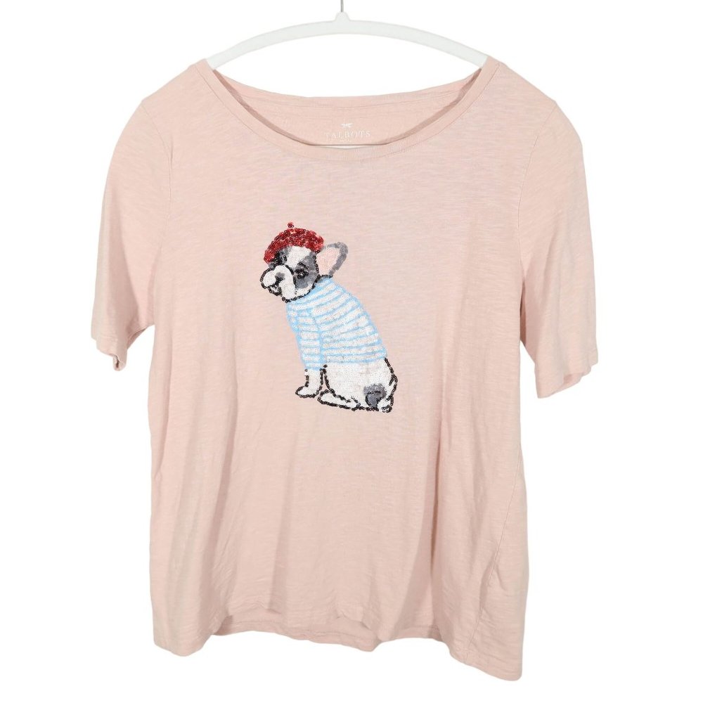 TALBOTS Peachy Pink Sequin French Bulldog Frenchie Short Sleeve T Shirt Size Mp